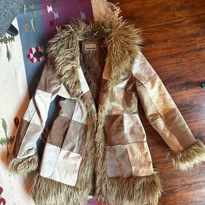 Vintage Esprit Patchwork penny lane Faux Fur trim suede Coat M